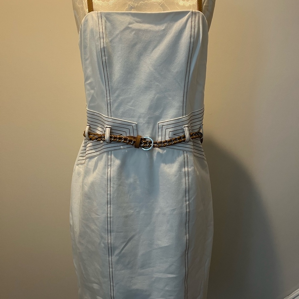 White and Brown Leather Accents Strapless Dress
